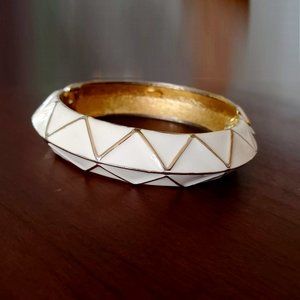 Kenneth Lane Bracelet, Cream Color Enamel Hinged Clamper Bangle Bracelet Retro